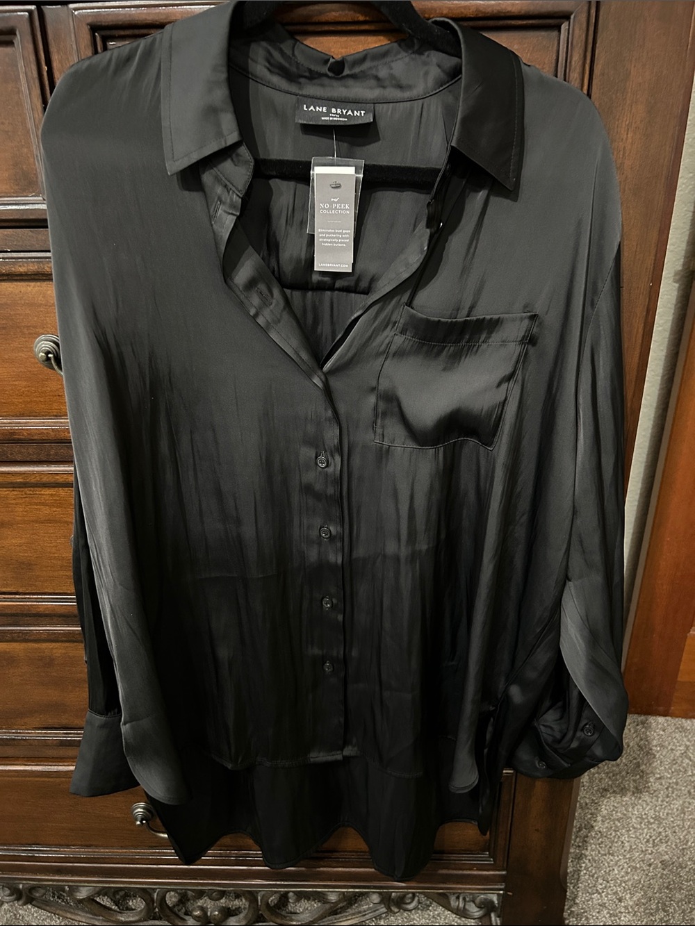 Lane Bryant Black Satin Button-Front Shirt Blouse